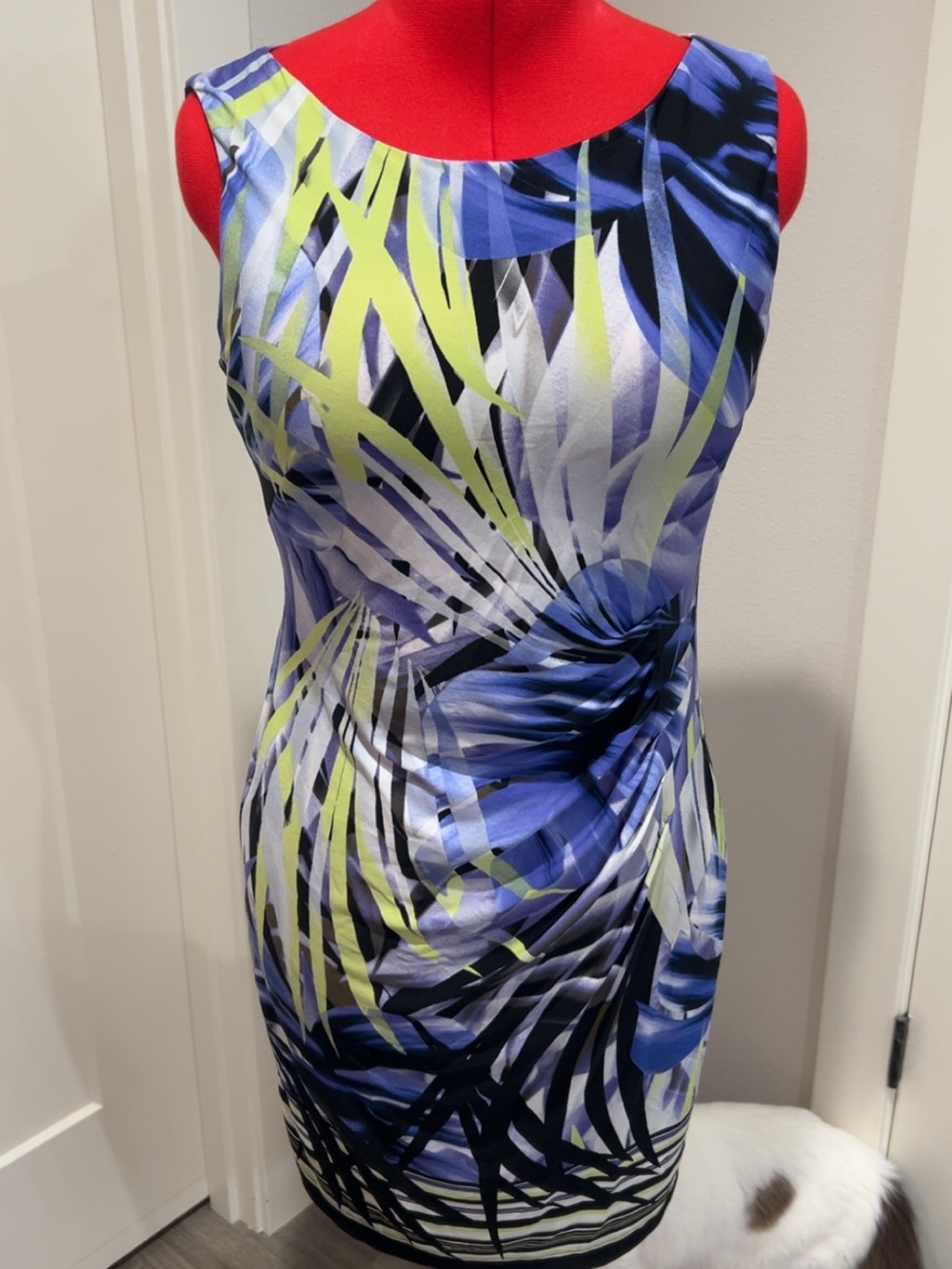 connected apparel Purple, Lime & Black Palm-Print Side Pleated Midi Sheath Dress